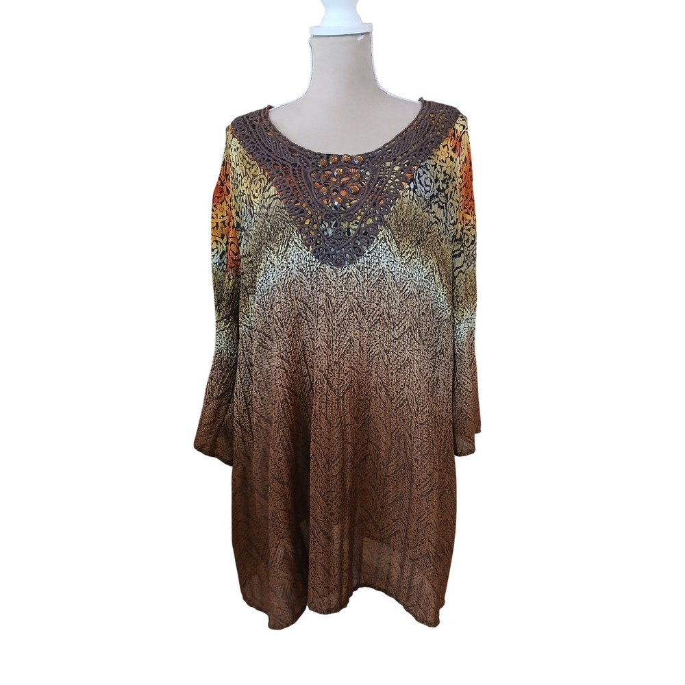 Catherines 2X Tunic Top Brown Orange Abstract Crochet Rhinestone Neckline 22/24W
